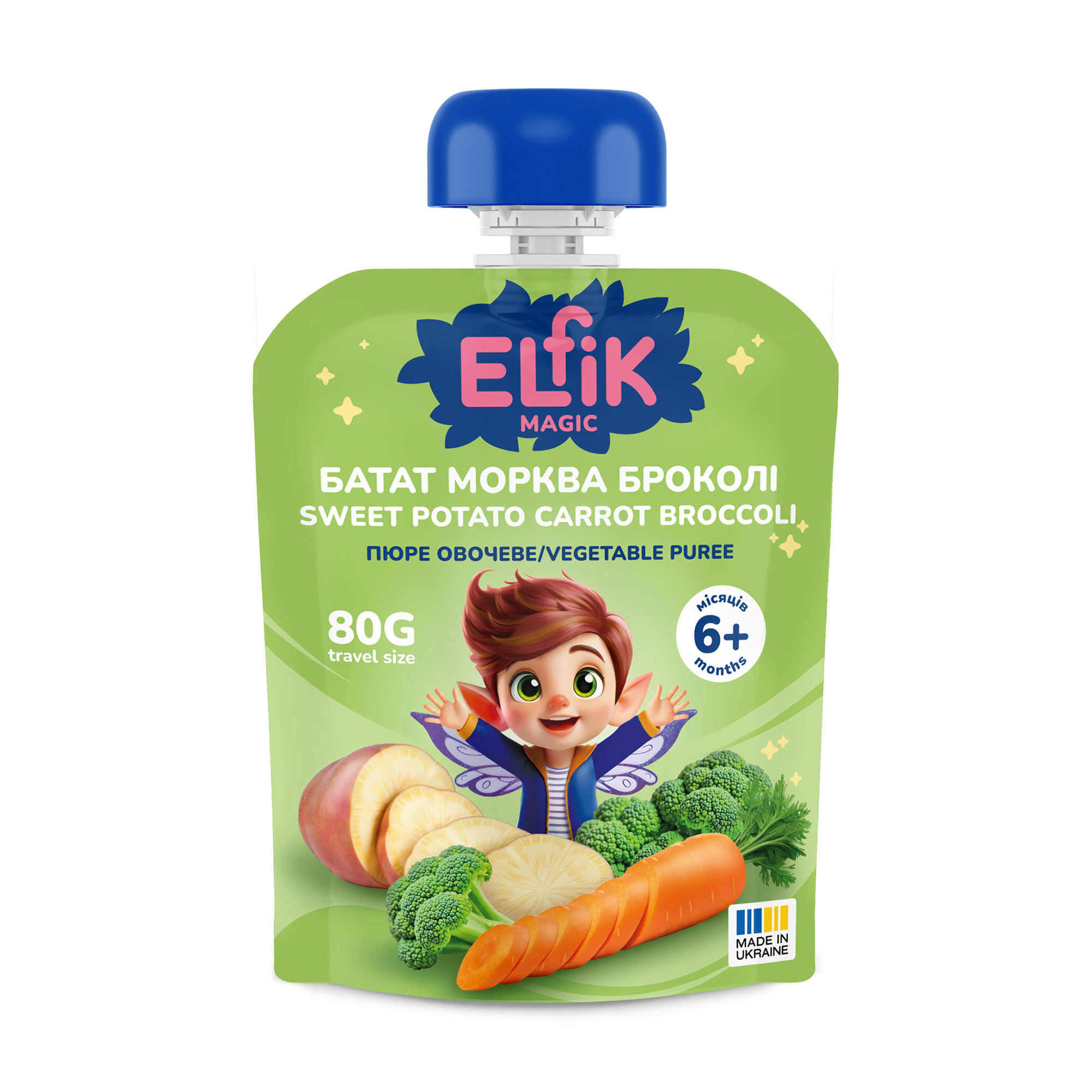 Дитяче овочеве пюре Elfik Magic Батат, морква та броколі, від 6 місяців, 80 г